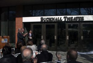 (From left to right) Mr. Bucknall, President Kaplan and a Graduate Student at the Bucknall Theater Dedication Ceremony, April 11.  (Charger Bulletin Photo by Nicholas McDermott)