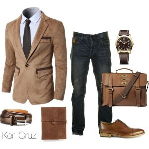 Business casual dark jeans dressed up with a blazer and button up (Photo obtained via Pinterest from polyvore.com)