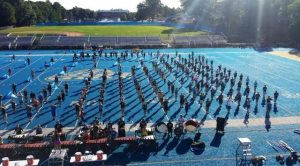 The Marching Band practicing early Saturday morning for their halftime performance (Photo by Jason DeGroff, Band Director)
