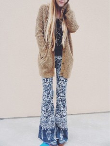 Flared printed pants can be incorporated into a Fall  appropriate outfit  (Photo obtained via HerCampus.com)