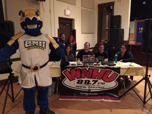 Charlie the Charger poses with the WNHU staff (University of New Haven Alumni Association Facebook photo)