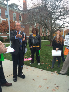 President Kaplan addresses students protesting the 4+1 phase out (Photo by Elissa Sanci/Charger Bulletin photo)