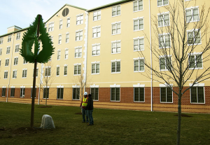 A new turbine sculpture by UNH’s Joe Smolinkski is located between Celentano and Botwinik Hall