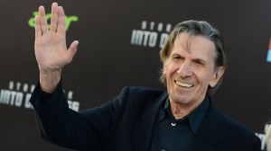 Leonard Nimoy holding up the "Live long and prosper" hand symbol (AP photo)